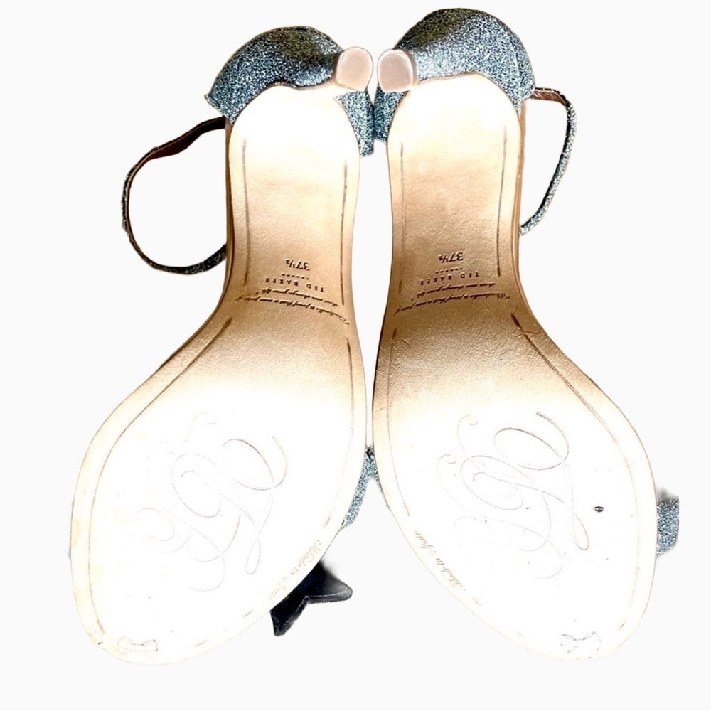Ted Baker Bowdalo Silver Glitter Heels Black Velvet Bow Ankle Strap EU 37.5 US 7 - Picture 11 of 12